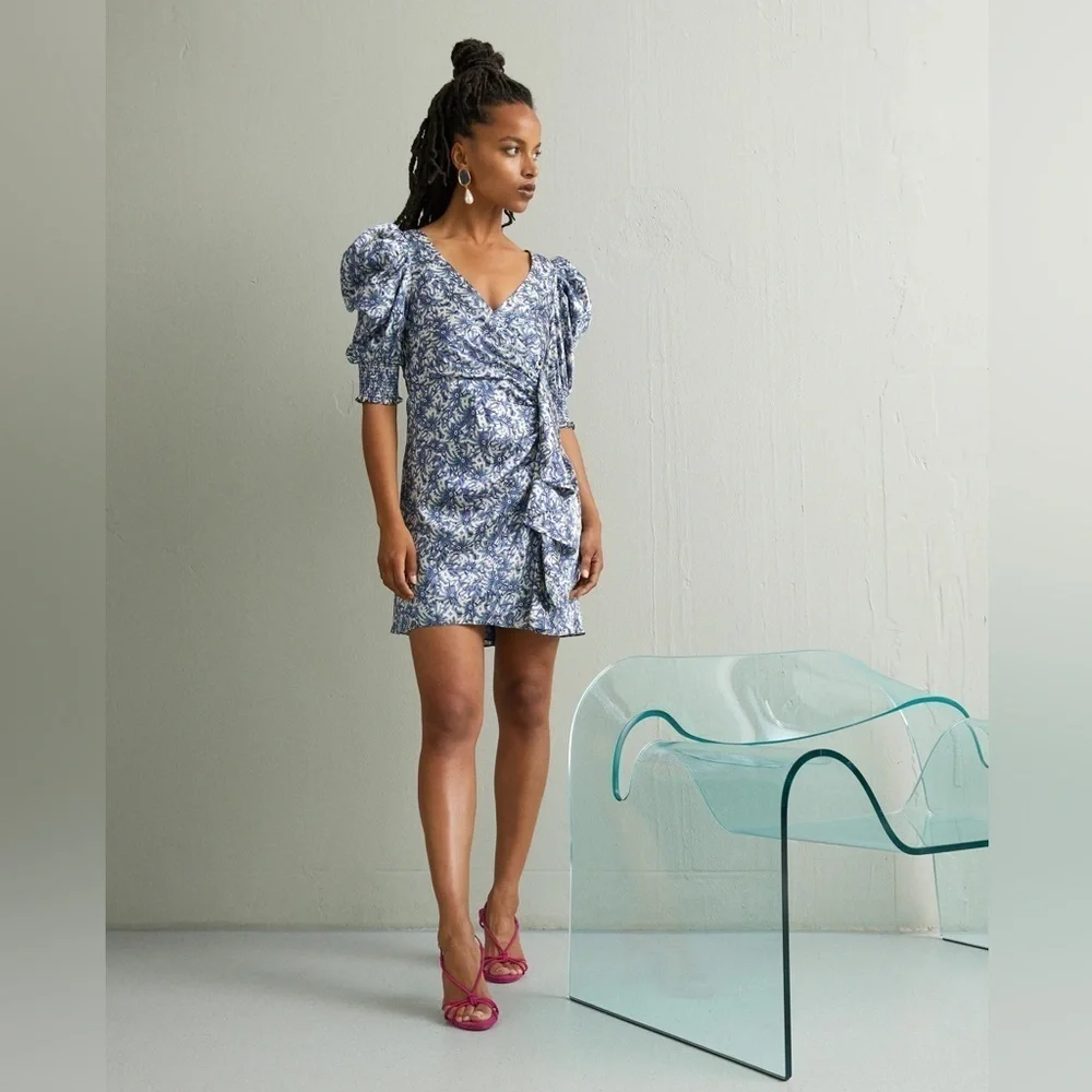 NWT Cinq a Sept Lucinda Floral Ruffle Mini Dress Puff Sleeve Blue Size 0 - Picture 8 of 8